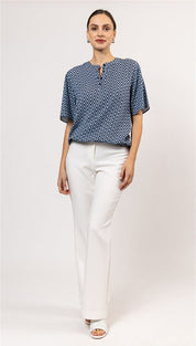Woven blouson o-neck s/s